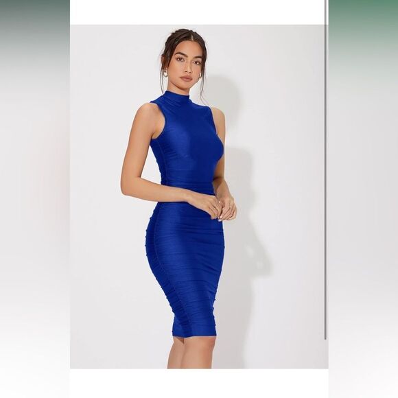 Women's Solid Sleeveless Mock Neck Knee Length Ruched Bodycon Dress Royal Blue - Picture 5 of 6